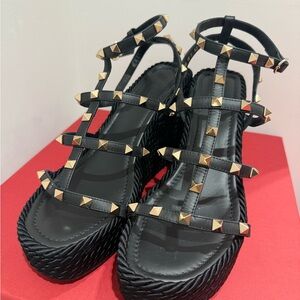 Valentino Garavani Black and Gold Studded Sandals
